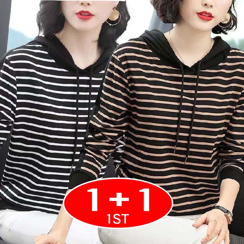 TIMEPURE 중년여성 스트라이프 후드 티셔츠 긴팔 가을봄 캐주얼 신상 빅사이즈 루즈핏 데일리록 줄무늬 상의 29,800원