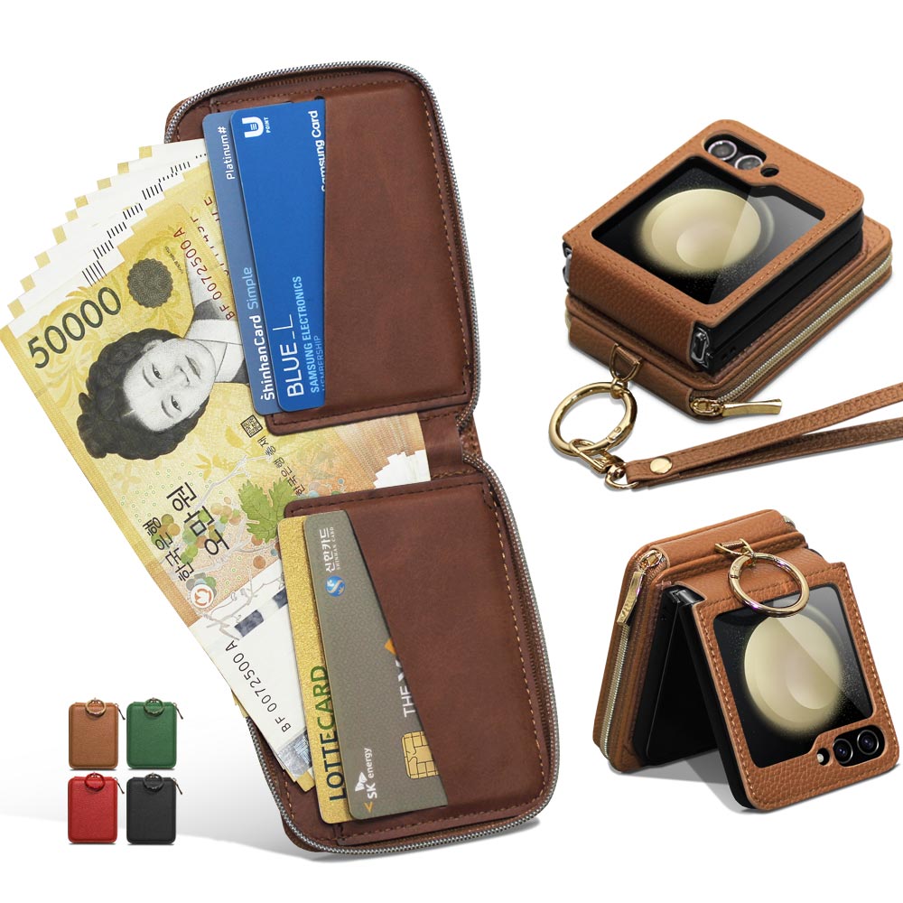 Z플립 7 6 5 4 3 지갑형 대용량 현금 수납 카드4장 손목, 롱 스트랩 핑거 링, 힌지보호  갤럭시 제트 플립 정품 지폐 폰케이스 고급 PU 가죽 핸드폰 케이스 제이콥스타일 28,800원