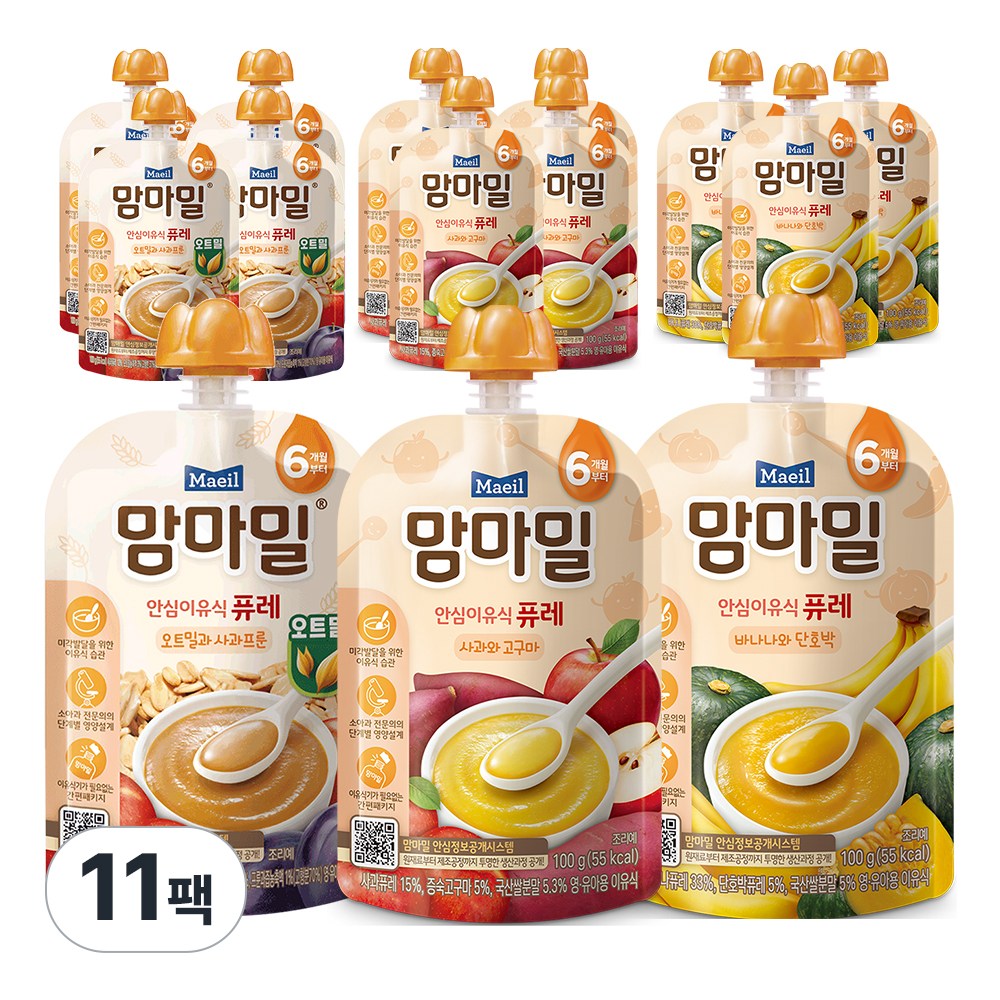 매일유업 맘마밀 6개월 퓨레 맛보기(오트밀사과프룬4+사과퓨레3+바나나퓨레3) 10팩+사과퓨레 추가 1팩증정 19,900원