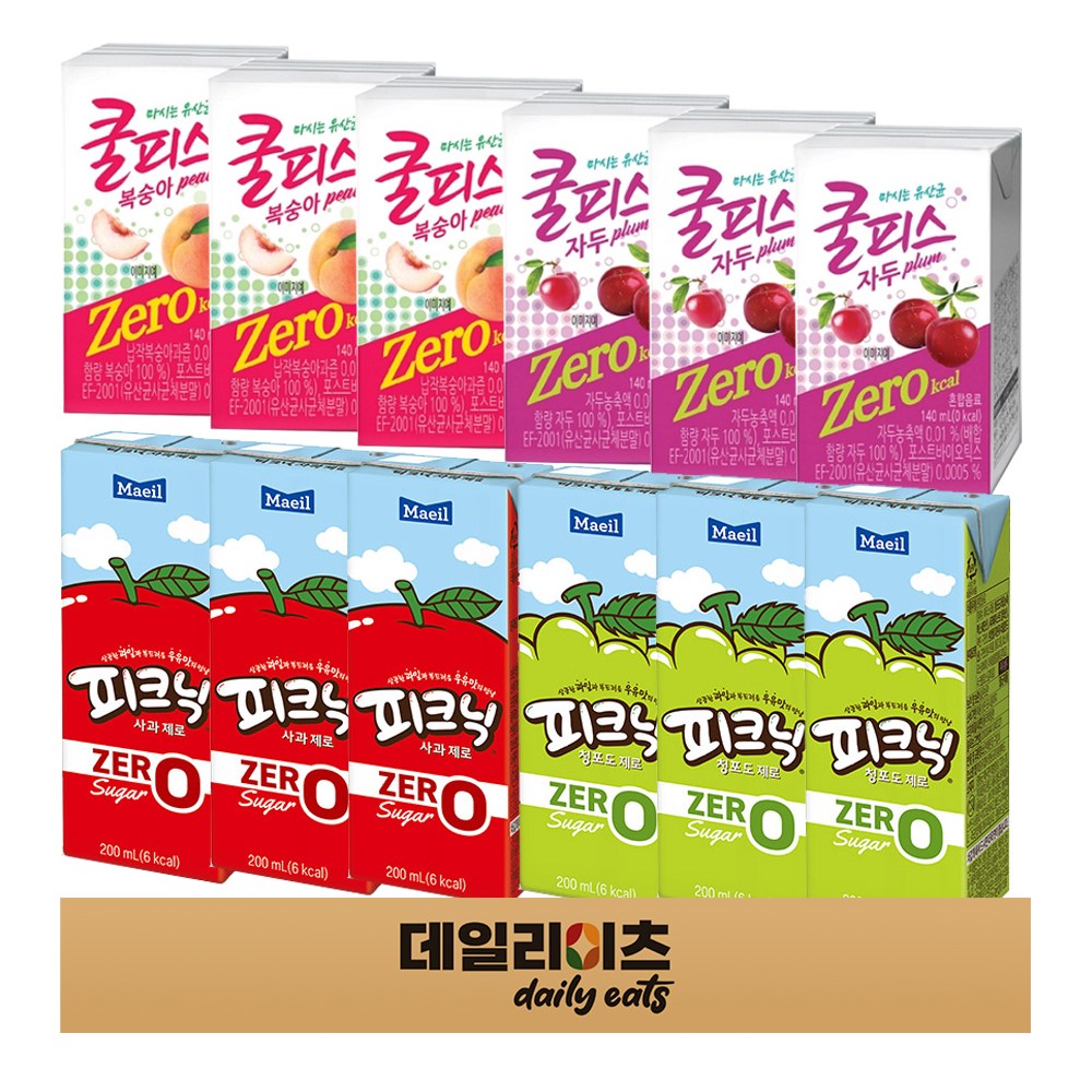 제로칼로리 드링크 팩음료 4종 12개 (피크닉 제로슈거 사과 & 청포도) (쿨피스 제로 복숭아 & 자두), 1박스, 200ml, 현재가 12,800원