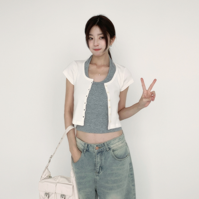 피니 [굿원단/매일찾는] 미쯔 골지 크롭 라운드 반팔 가디건 (5color) 골지반팔티 꾸안꾸 데일리룩 기본템 26,800원