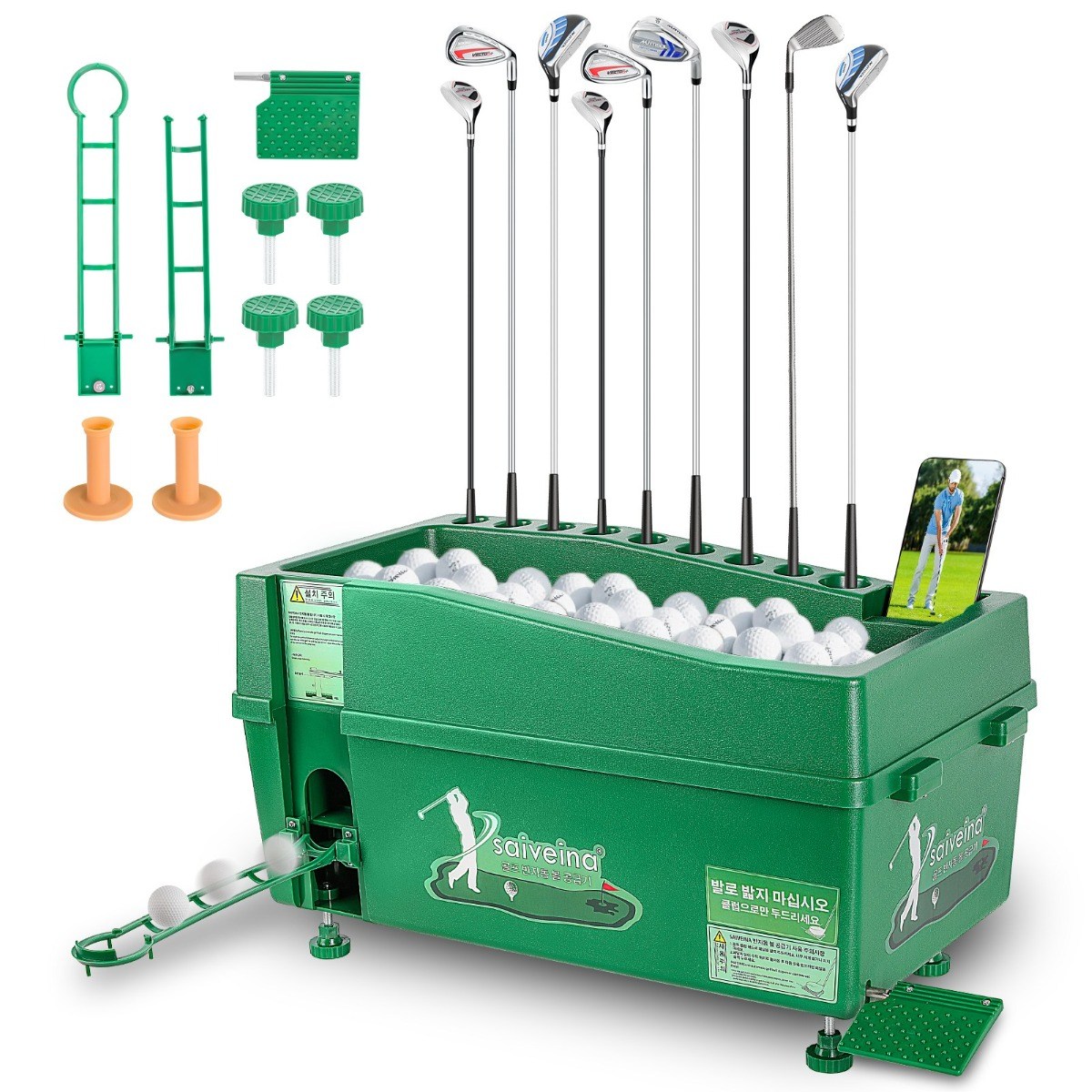 SAIVEINA 골프용품 실내외 골프볼 공급기 골프 훈련 스윙 연습용 반자동 대용량 골프공 발사기 무동력 캐디기 우드/아이언 전환 연습 가능 셀프 녹화 클럽 거치대 기능 포함, 1개, 그린 135,900원