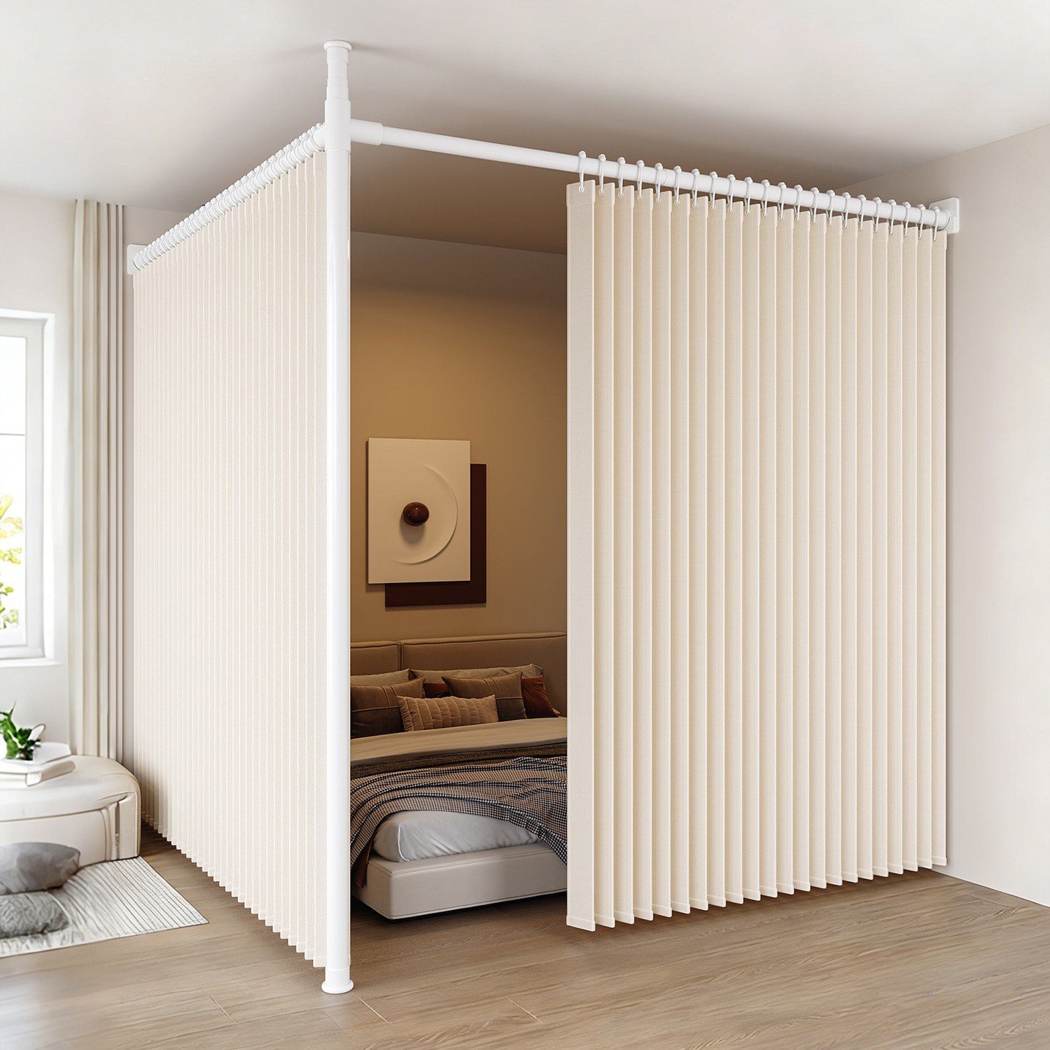 L자형 무타공 가림막 파티션 원룸공간분리 파티션 이동식 칸막이 원룸 사무실 주방 침실 행거 가림막, 가로대 0.9-1.5m, 세로대 2.1-3.1m, 베이지 150,600원