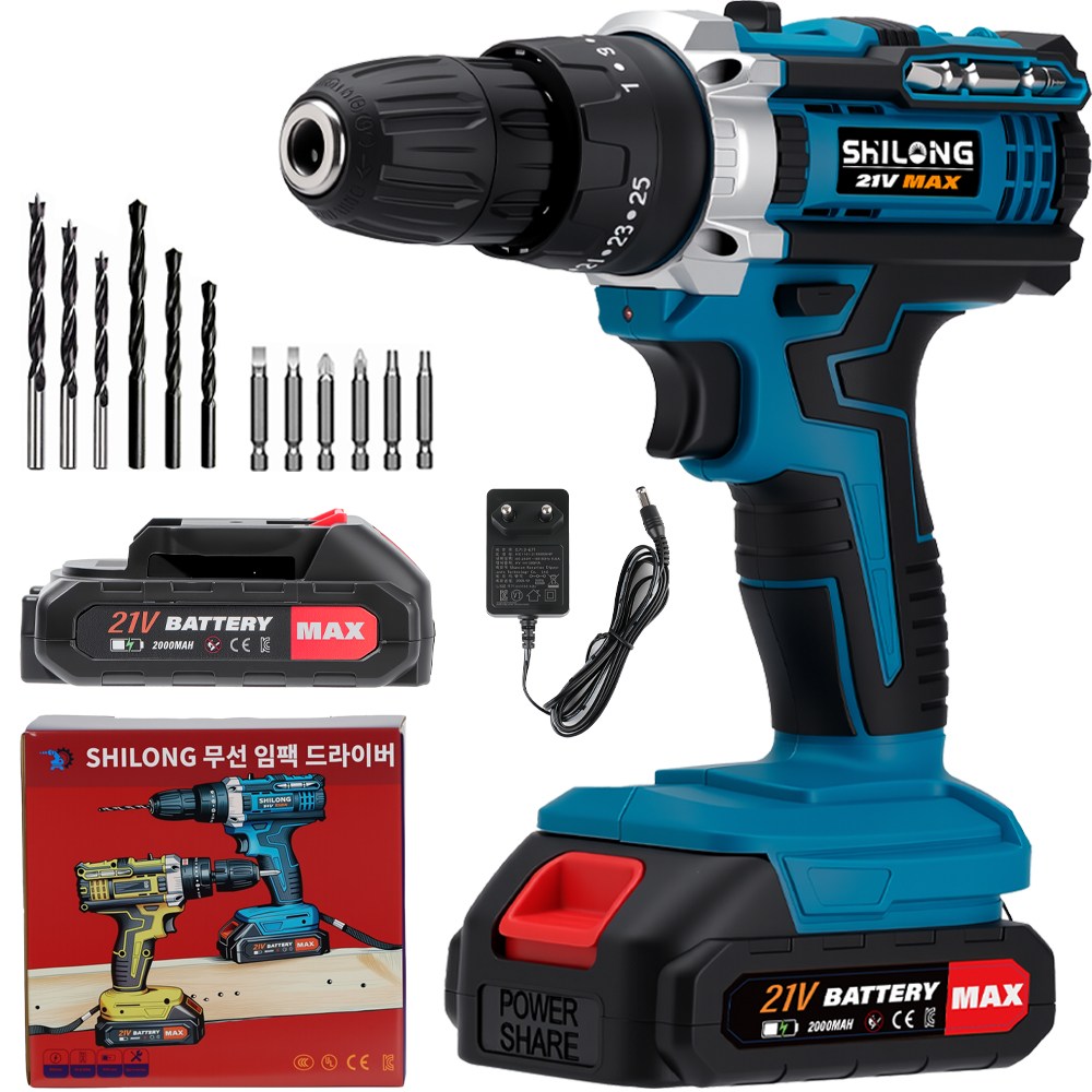 SHILONG 21V 가정용 전동 드릴 무선 드라이버 2000mAh 배터리1개 풀세트 가족 세트 58,200원