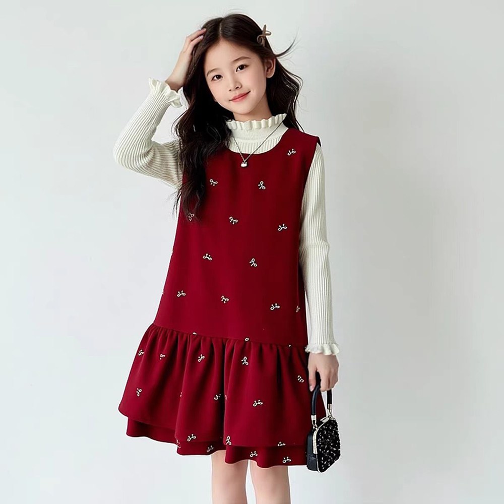 UPPERCUT 여아 리본패턴 민소매 프릴 원피스 주니어 뷔스티에 캉캉 원피스 하객룩 등교룩 여아 레이어드 코디 18,900원