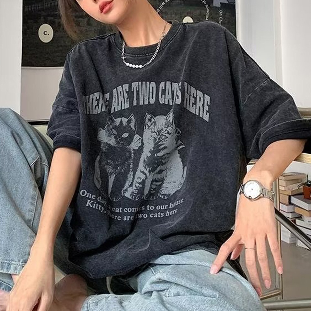 cammello 투캣츠 프린팅 워싱 블랙 오버핏 반팔 티셔츠 빅사이즈 반팔티 14,900원