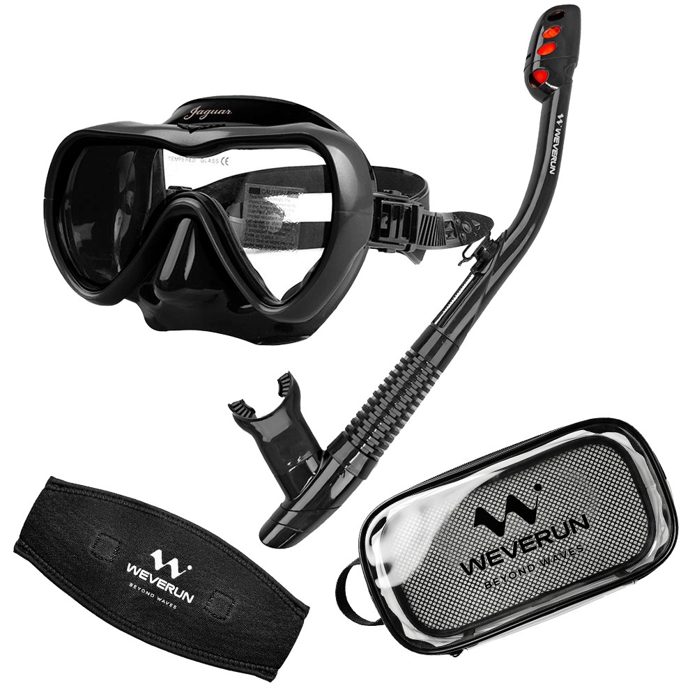 위베런 재규어 스노클링 마스크 세트 미러렌즈 자외선차단 + 머리엉킴방지 스트랩커버 + 투명파우치, 투명 블랙 세트 33,900원