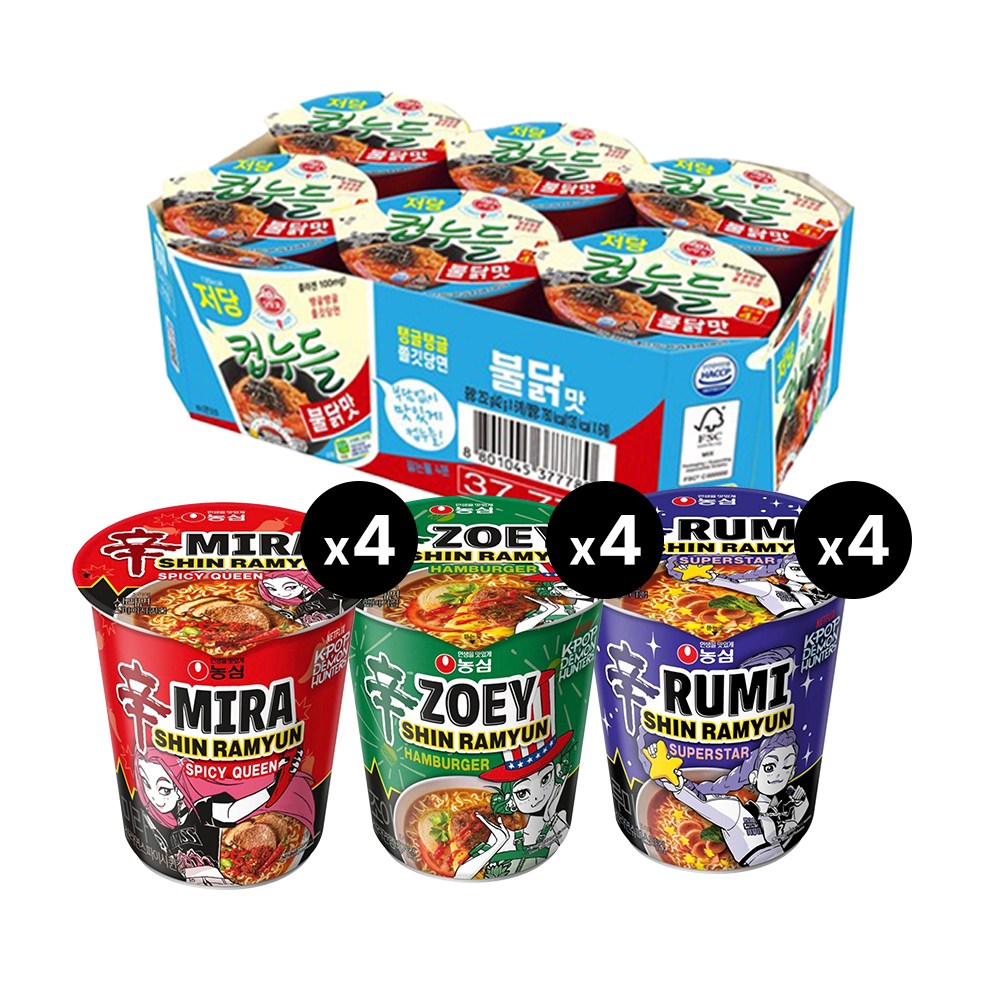 오뚜기 저당컵누들 불닭맛 42g x 6입 ＋ 농심 신라면 슈퍼스타 4개 스파이시퀸 4개 햄버거 4개 소컵 23,700원