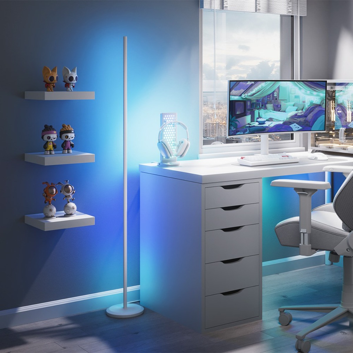 나노리프 플로어 램프 장스탠드 스마트 조명 뮤직싱크 앱 조정 LED 스탠드 거실등 무드등, 화이트 129,000원