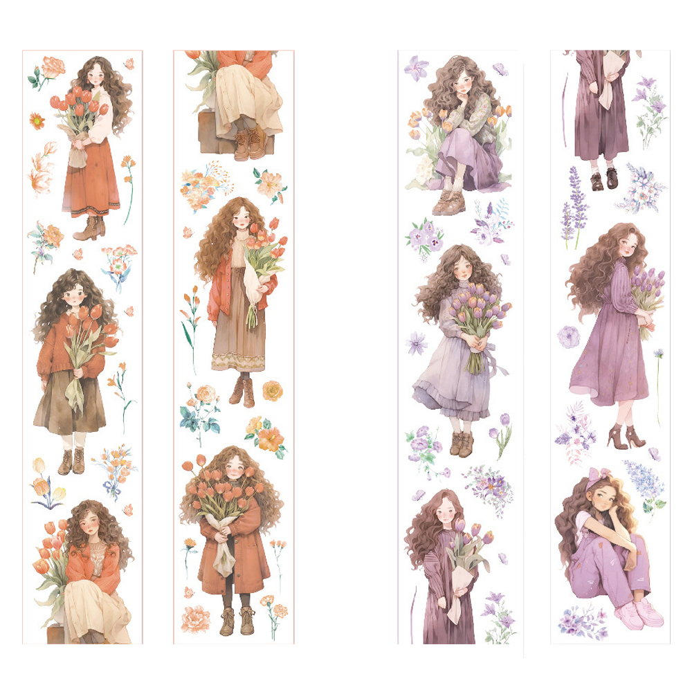 올리브파티 인물 소녀 스티커 실키드림 디자인 감성 롤스티커 2종 세트, 1세트, 오렌지, 퍼플, 현재가 7,900원