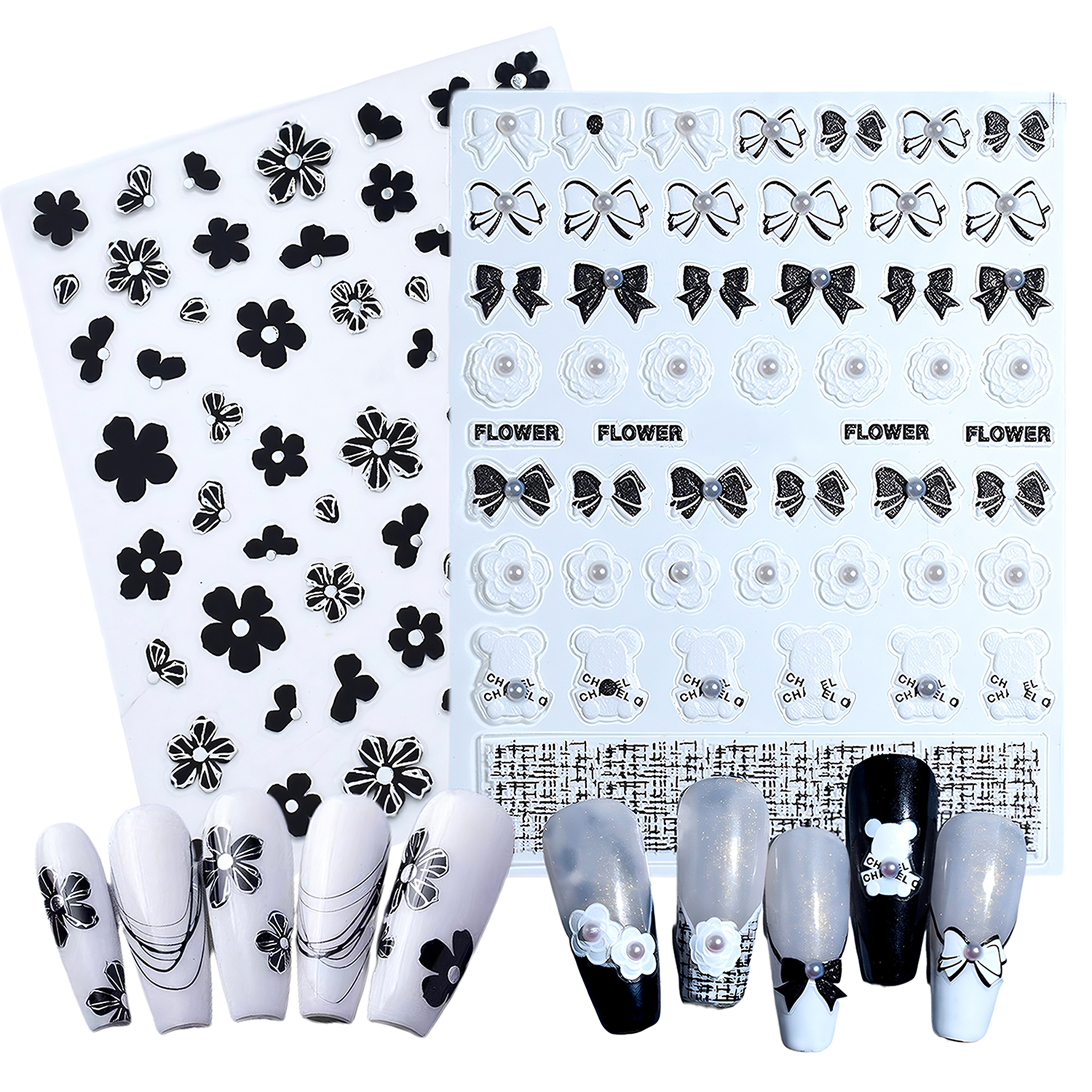 별라 엠보 입체 네일 스티커 진주 꽃 리본 곰돌이 2종 세트, 2개, 블랙화이트 6,500원