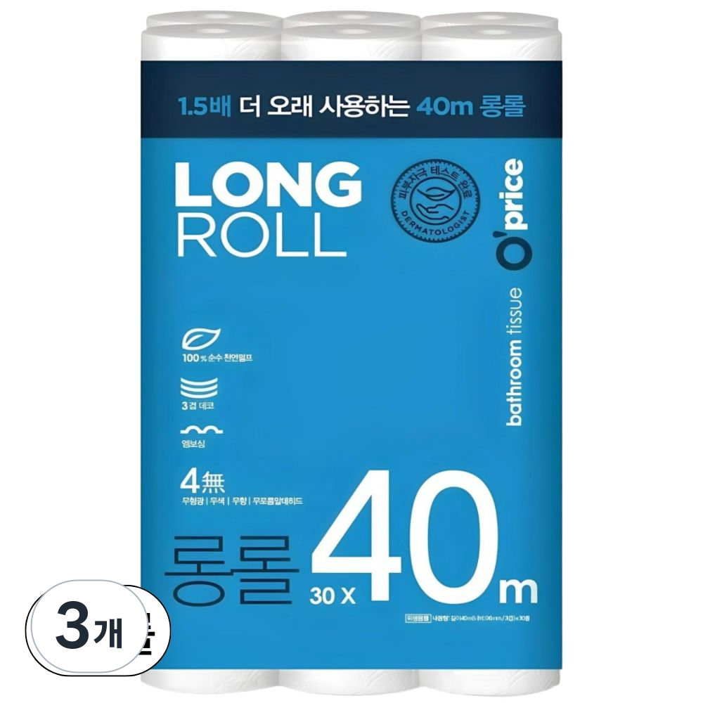 오프라이스 롱롤 40m 3겹 휴지 천연펄프 화장지, 대용량 롤휴지, 40m, 30롤, 3개 46,470원