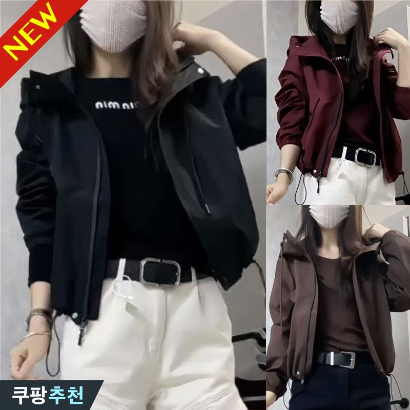 (세일 추천) 80kg까지 빅사이즈 여성 후드 쇼트 블루종 바람막이 자켓 봄 가을 편한 유니크 패션 날씬해보이는 디자인 루즈핏 캐주얼 집업 스트링 우아한 외출용 코디 아우터 잠바 12,790원