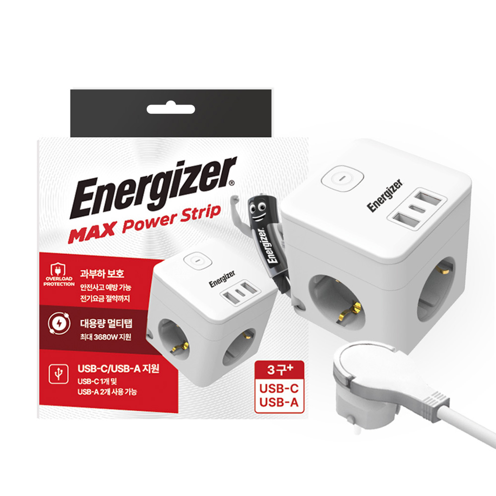 에너자이저 큐브 디자인 4000W 고용량 납작플러그 멀티탭 3구 USB-A 2구 C타입 1구, 1.5m, 흰색, 1개 29,800원