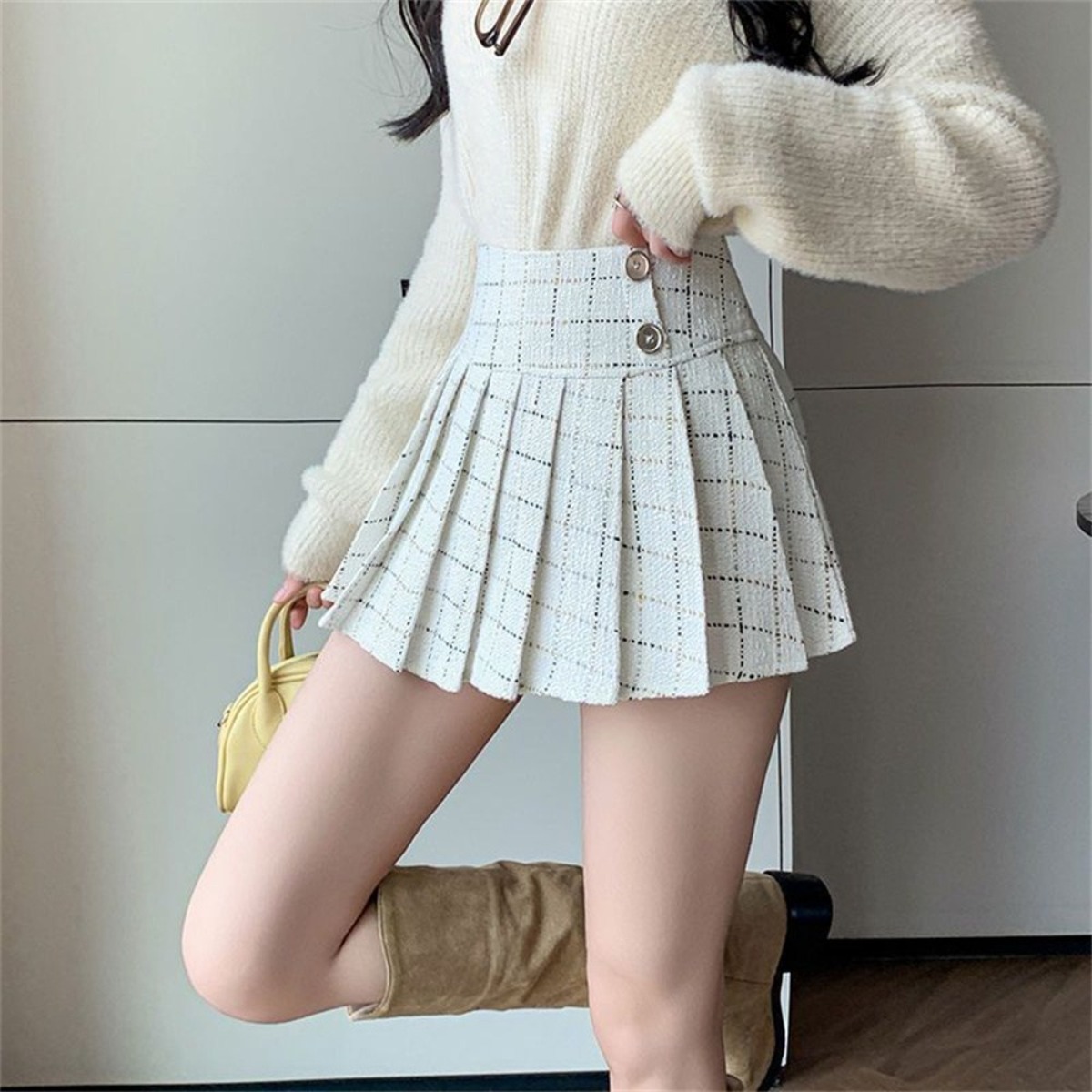 TKX 여성 패션 트위드 체크 미니 플리츠 스커트 가을 겨울 따뜻한 A라인 버튼 장식 간편한 사무실룩 K67 25,120원