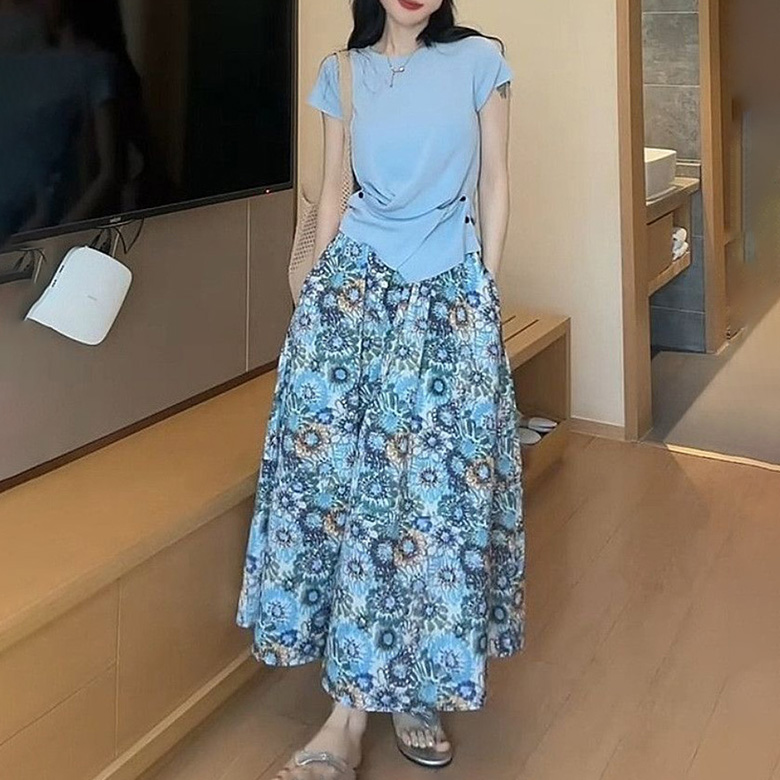 ORZQU 봄여름 여성 캐주얼 시크 라운드넥 허리조임 반팔 니트 티셔츠 프린트 스커트 투피스 21,600원