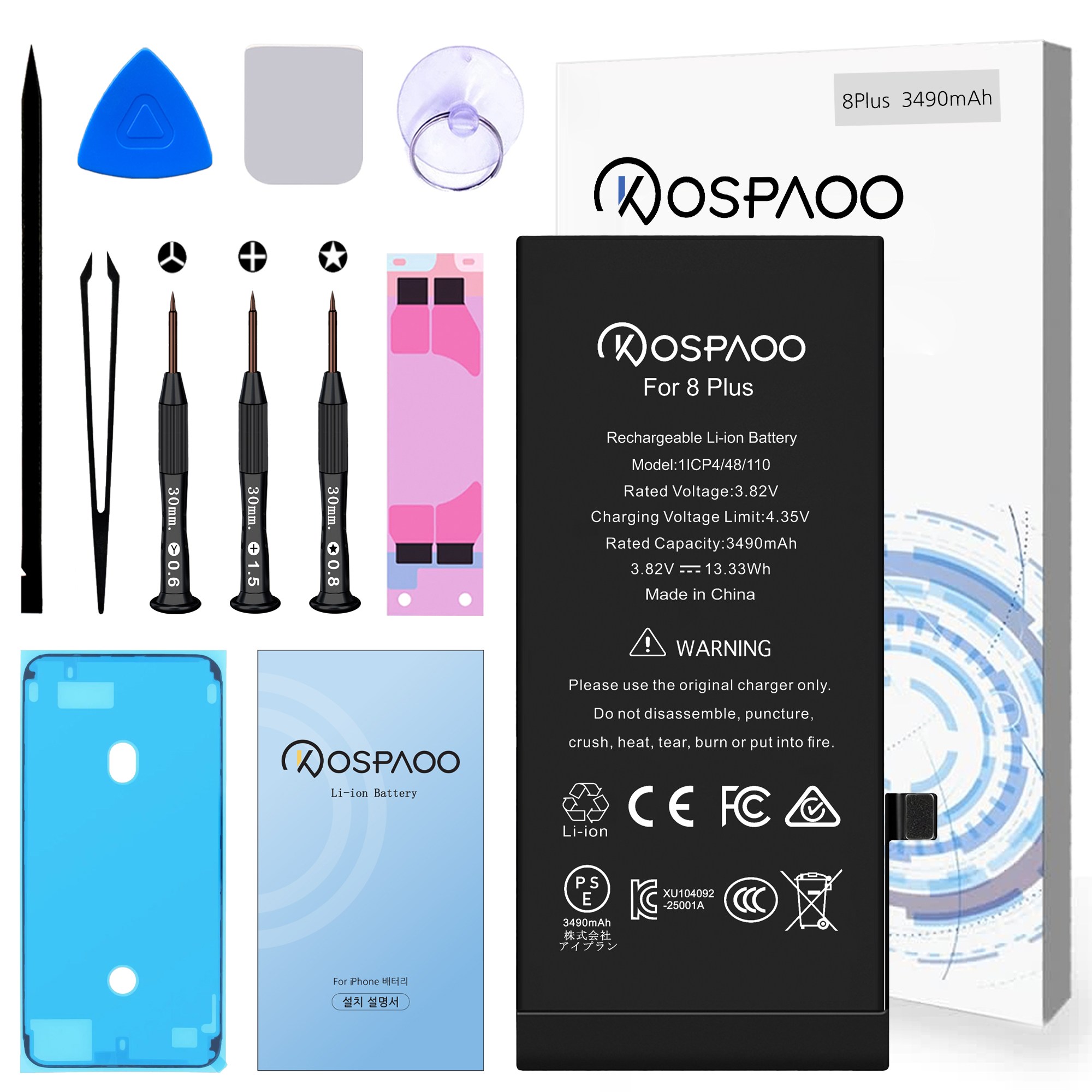 For iPhone 8 Plus 배터리 대용량3490mAh 증가 폭29.7% 616-00367배터리 한국어 설명서 KC인증 Li-ion Battery (For Tool), 1개, iPhone 8 Plus 대용량 배터리，분해 도구 포함 23,500원