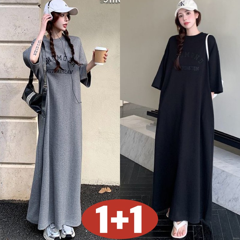 (완전 편한) 150kg까지 빅사이즈 1+1 여성 시카고 레터링 프린트 롱 티셔츠 원피스 여름 편한 심플 박스 루즈핏 날씬해보이는 베이직 반팔 주머니있는 외출용 홈웨어 원피스 21,740원