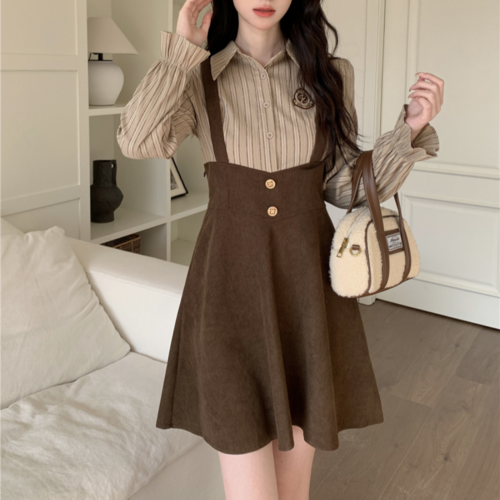 리얼제이드 스트라이프 긴팔 셔츠 레이어드 코듀로이 멜빵 원피스 35,500원