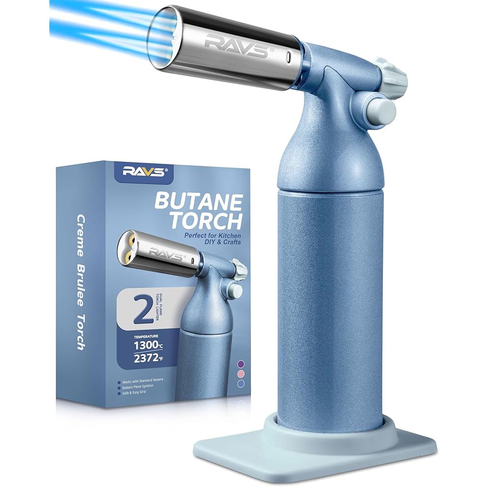 RAVS 듀얼 플레임 부탄 토치 라이터, 20G 대용량, 조절 가능한 플레임, 크림 브륄레를 위한 리필 가능한 주방 토치, 바비큐, 베이킹, 여성 전용 보라색 요리 토치 선물, 50,700원