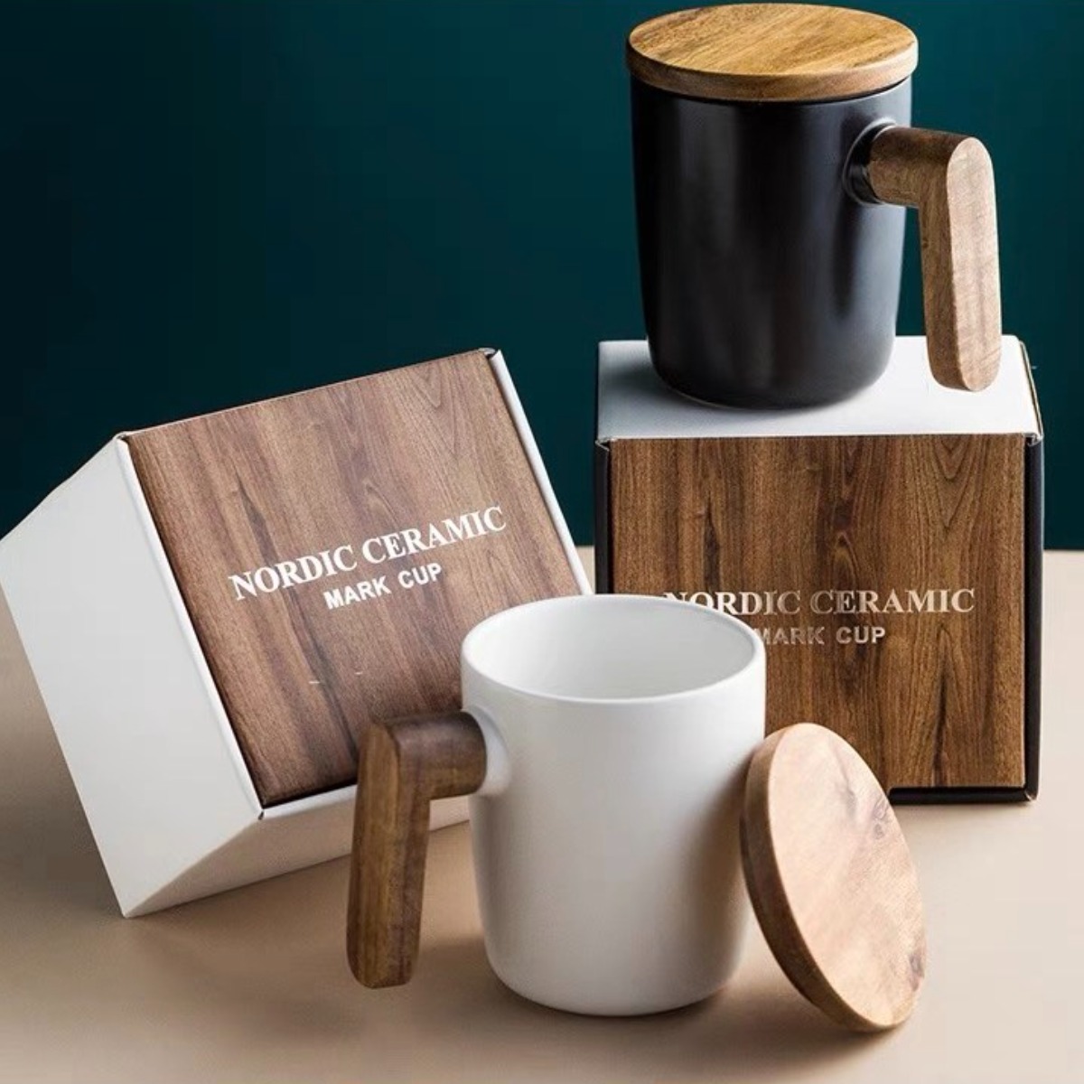 식객매점 우드 손잡이홈카페 머그컵 크리에이티브 홈커플 물컵 심플 도자기 우드컵 빈티지 커피잔, 화이트+블랙세트, 1개 28,100원