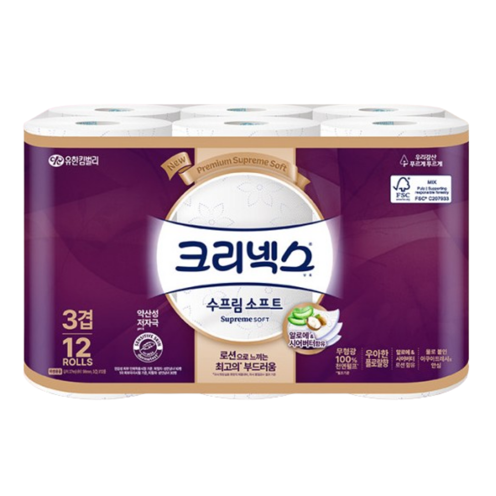 크리넥스 3겹 천연펄프 수프림 소프트 27m 12롤 6개 76,730원