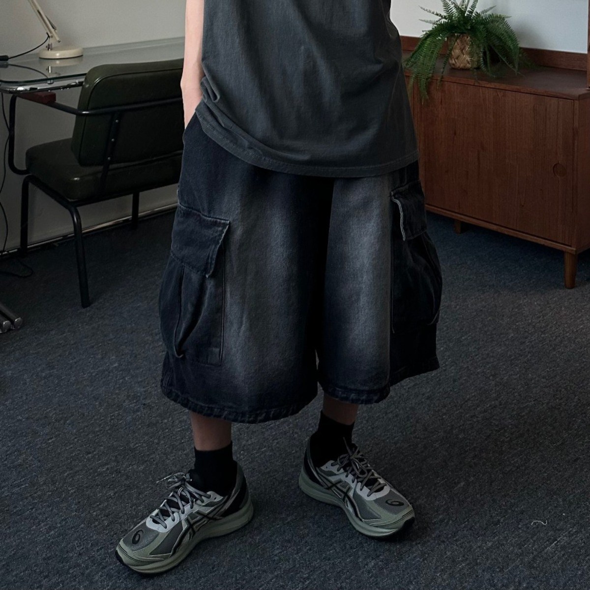 르위 카고 버뮤다팬츠 와이드 빅사이즈 데님 반바지 43,000원