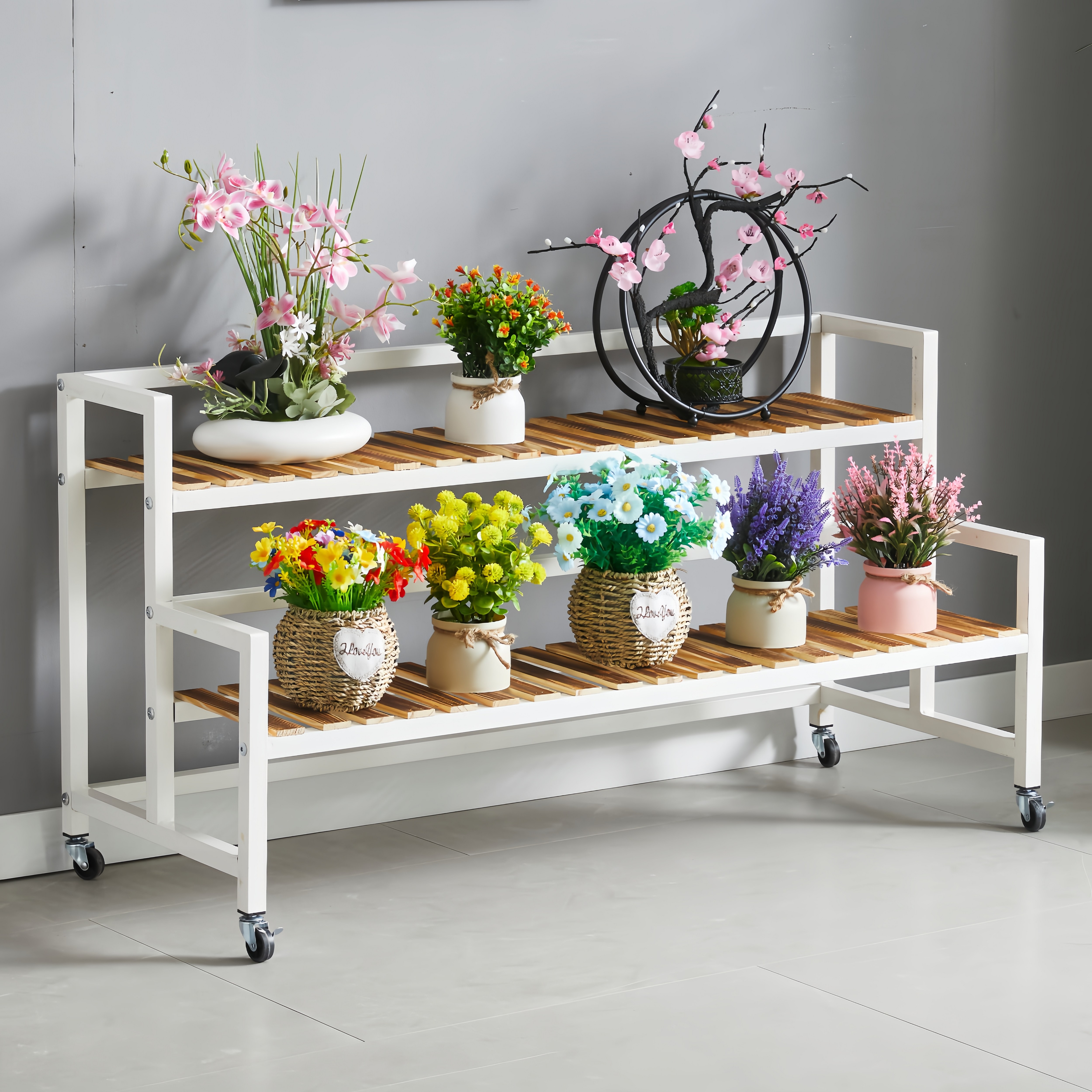 디원리빙 이동식 프리미엄 철제프레임 계단식 화분 정리 선반대, 화이트 120cm, 2단 49,800원