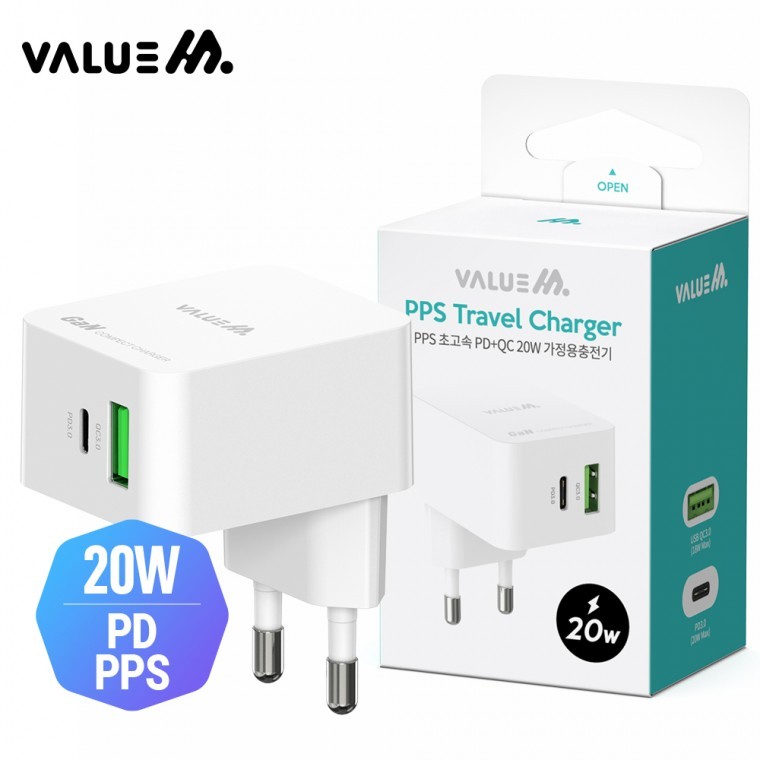 국내발송미포) 스퀘어 충전기(케이블 분리형 PPS 초고속 가정용 밸류엠 2포트 20W(PD3.0+QC3.0) 11,510원