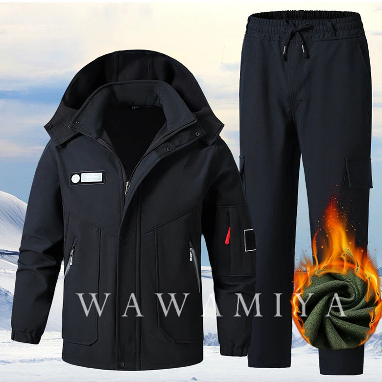 기모 도톰 바람막이 세트 방풍 방수 아웃도어 등산복 방한 내마모 작업복 남성 상하의 후드 집업 자켓 + 밴딩 작업 버지 캐주얼 상하의 투피스  WAWAMIYA 30,800원