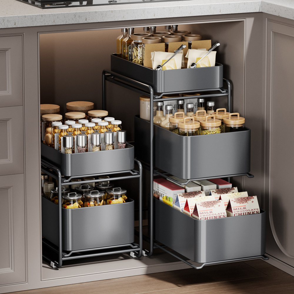 Homi Zon 무타공 다용도 탄소강 2단 슬라이딩 선반 다용량 주방 수납 양념통 정리대 29,990원