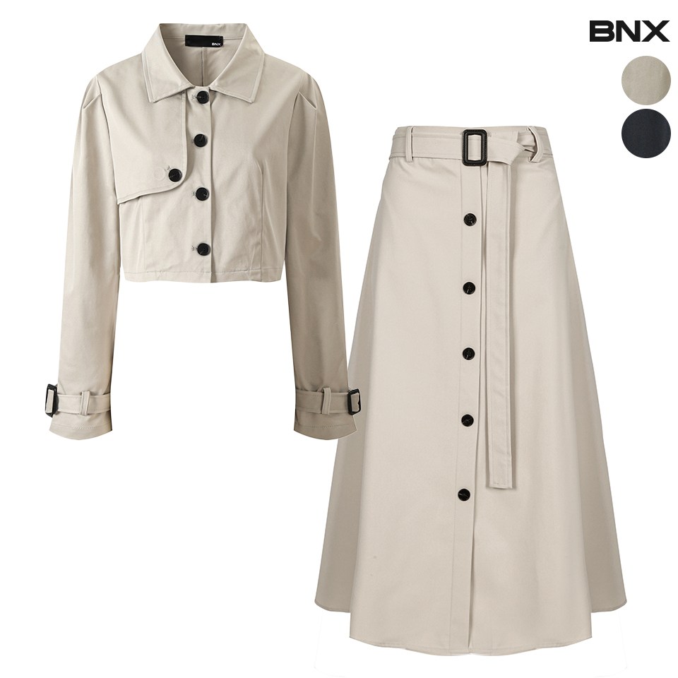 BNX [55~66] 여성 트렌치 벨트 크롭 자켓 스커트 셋업 52,900원