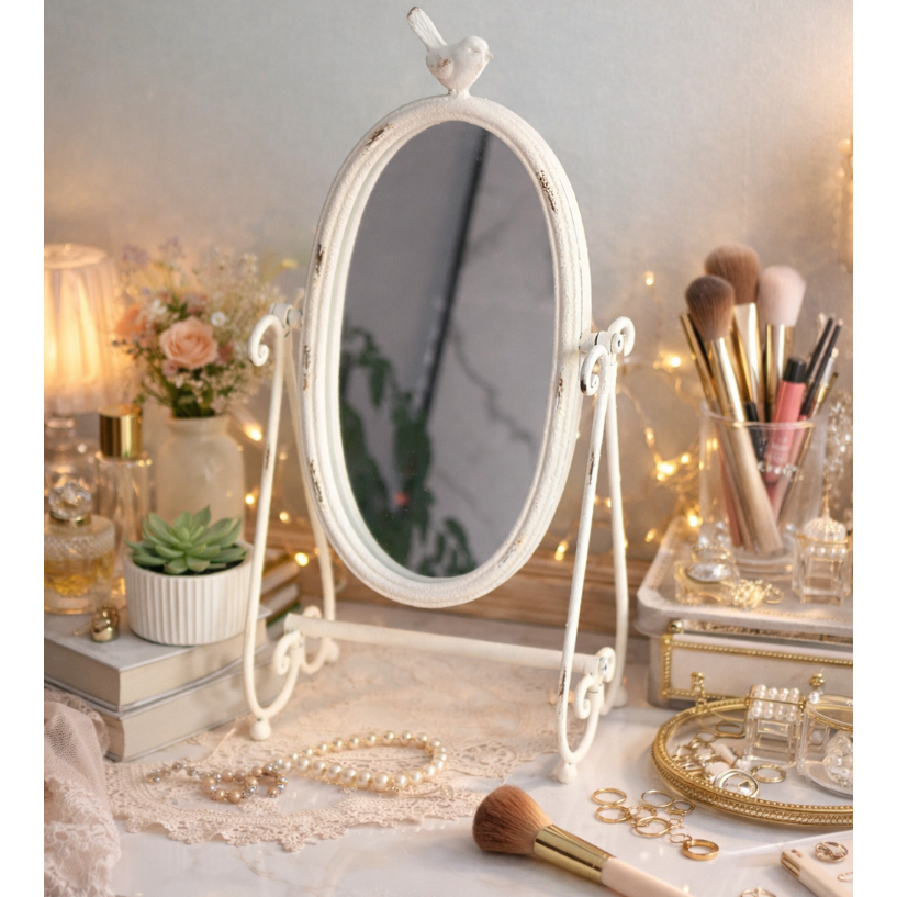 허니상점 탁상거울 스탠드 빈티지 앤틱 엔틱 화이트 버드 장식 철제 거울, 1 68,000원