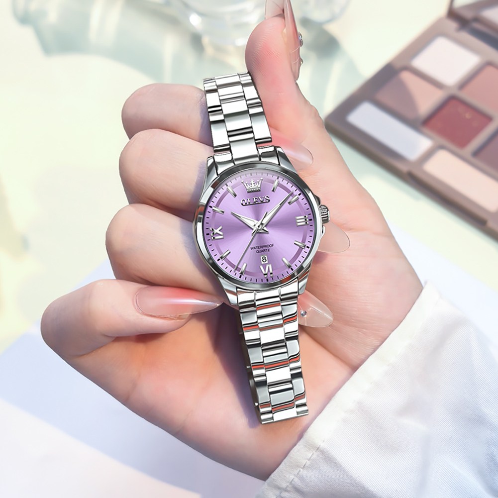 OLEVS 여성손목시계 정품쿼츠 럭셔리 명품 워터프루프 야광 일력 메탈시계, 현재가 28,700원