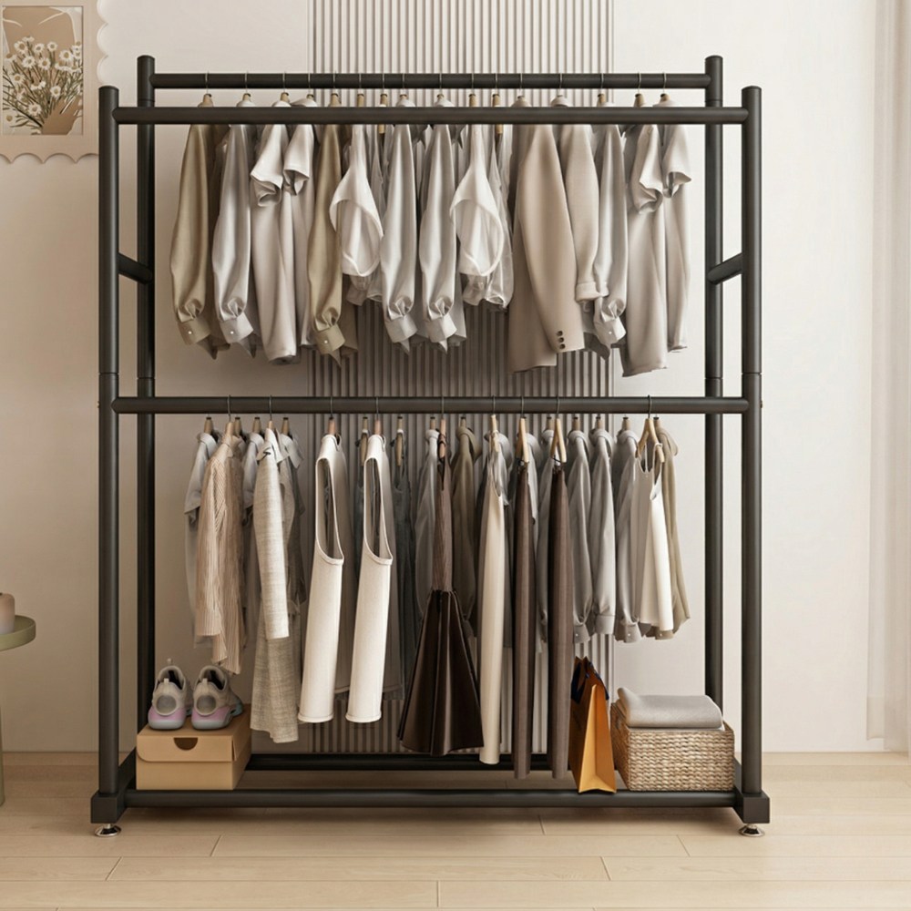 튼튼한 철제 2봉 2단 행거 대용량 스탠드 옷걸이 행거, 블랙 44,800원