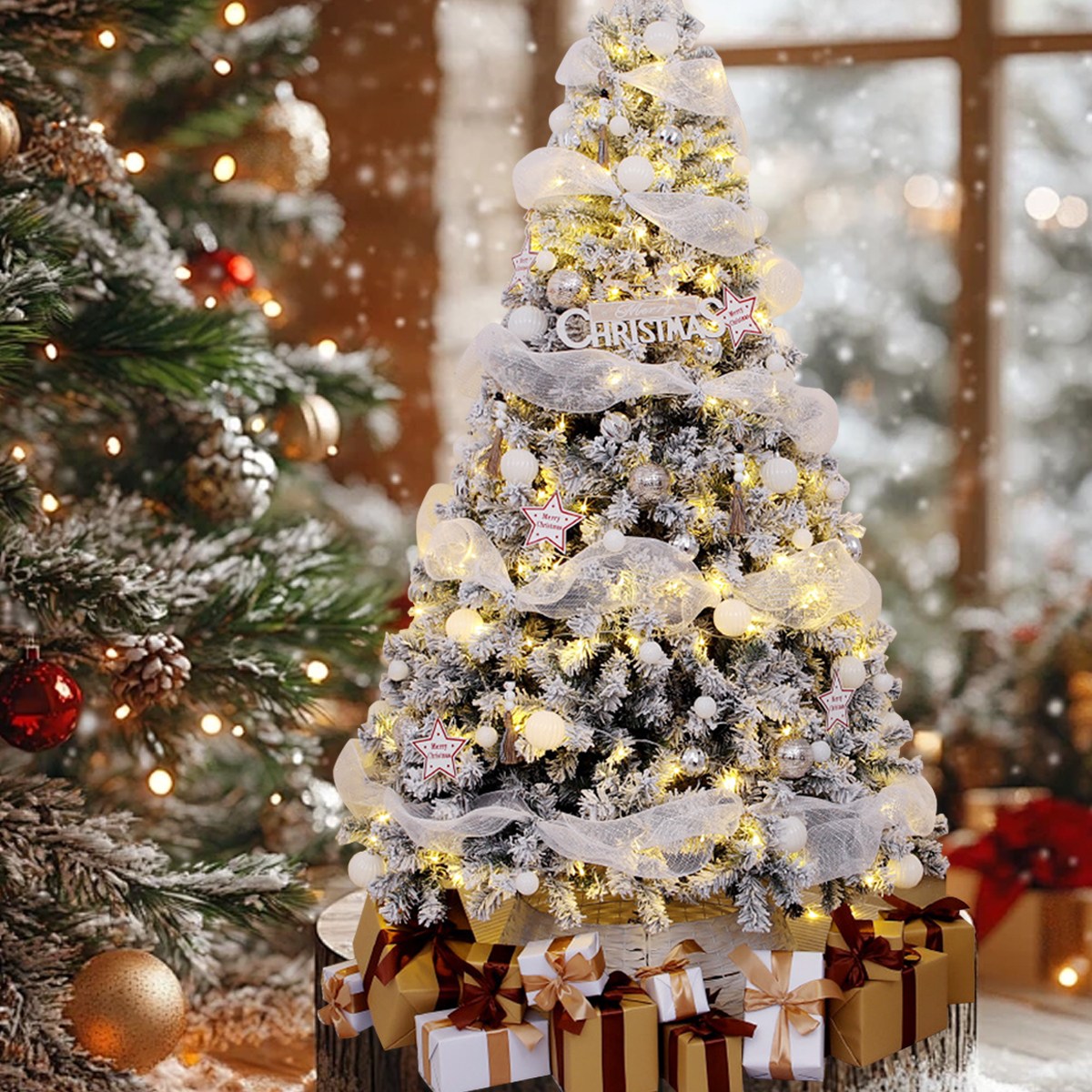 고품질 레트로 미니 크리스마스트리 세트, 받침대, LED 조명 및 다양한 정교한 장식품 포함. 거실, 쇼핑몰 등 실내외 장소에 적합합니다. (트리 본체는 모두 녹색),140cm, 샴페인와인 풀세트 19,900원