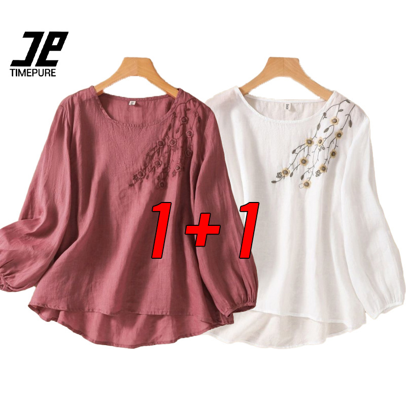 타임퓨어 1+1 여성용 라운드넥 면 린넨 긴 소매 셔츠 블라우스 캐주얼 자외선 차단 셔츠 루즈핏 티셔츠 라운드 중년 자수 봄여름 상의 23,720원
