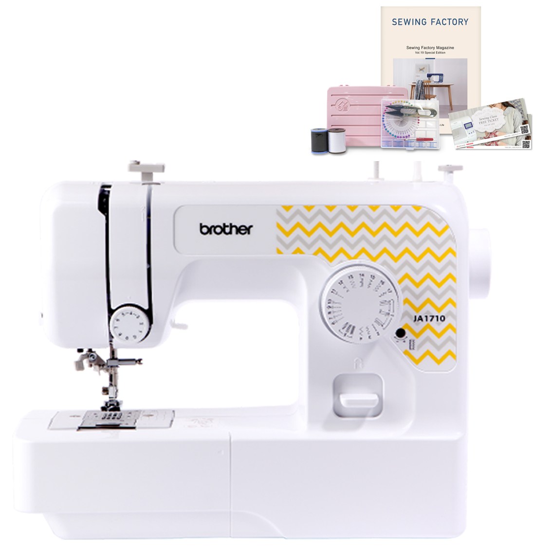 부라더미싱 JA1710 자동실끼우기 가정용재봉틀(용구함+노루발3종+수강증2매+소잉책) 239,000원