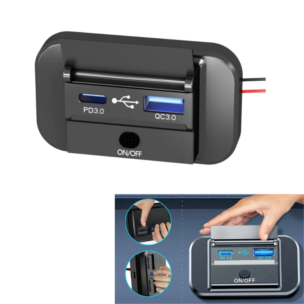매립형 차량용 충전기 듀얼 USB PD3.0 + QC3.0 사각 ON/OFF(U-3) 9,800원