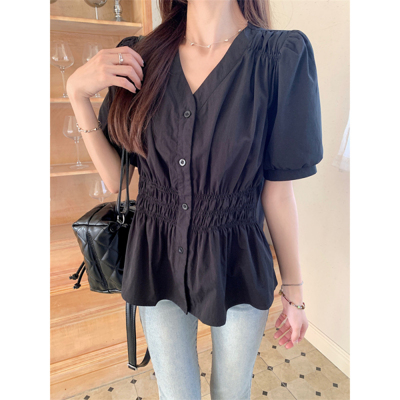 MIREA 여성 퍼프소매 셔링 블라우스 V넥 반팔 봄여름 데일리룩 20,900원