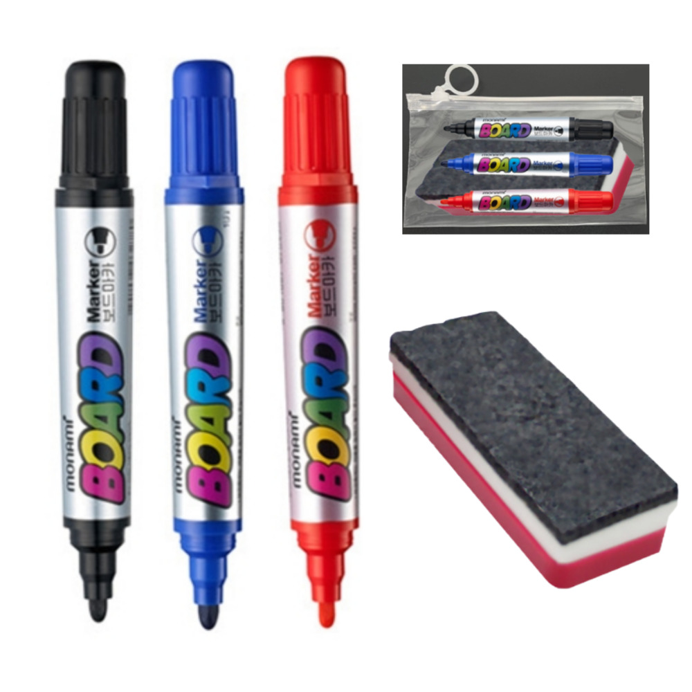 [오마이문구] 3색 보드 마카펜 빨강 파랑 검정 + 지우개 세트 6,900원