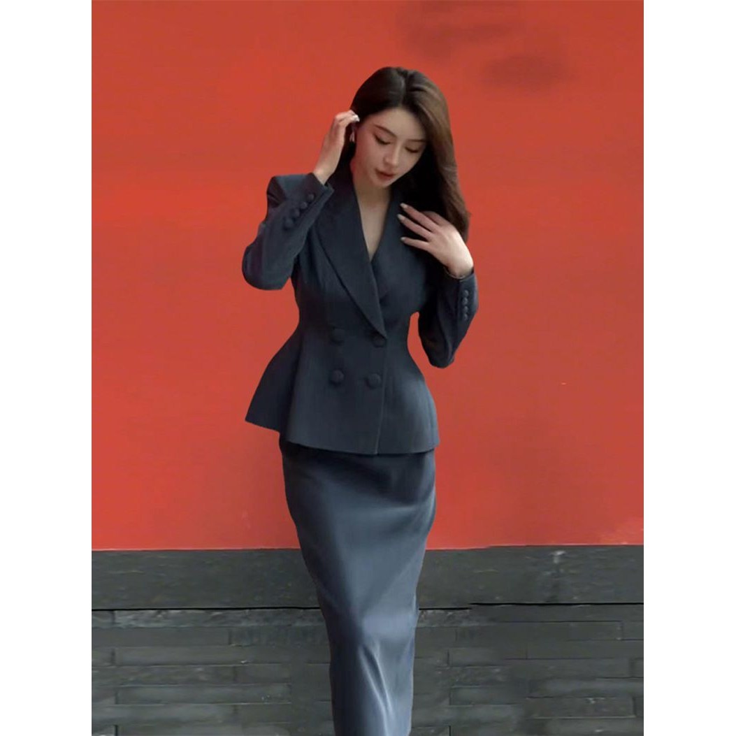 봄 가을 여성 정장 치마 세트 여자 고급스러운 더블 재킷 + 롱 스커트 세트 슬림핏 오피스룩 JS 49,610원