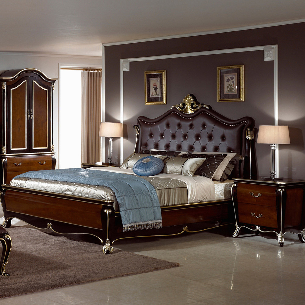 유캐슬 벤티 엔틱 원목 가죽 퀸침대세트A (퀸침대+2단협탁) 1,980,000원