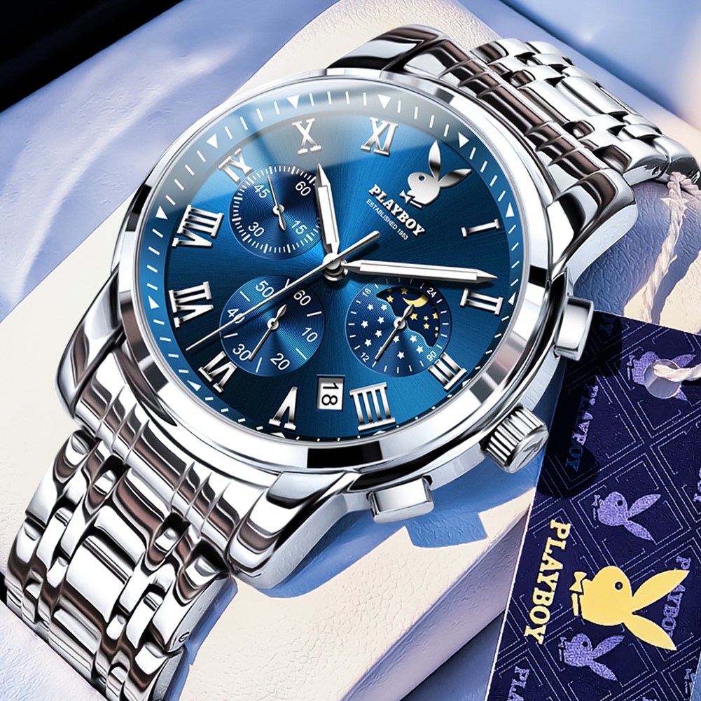 PLAYBOY 플레이보이 남성 크로노그래프 손목시계 명품 디자인 방수 비즈니스 시계 데이트 기능 쿼츠 시계 78,400원