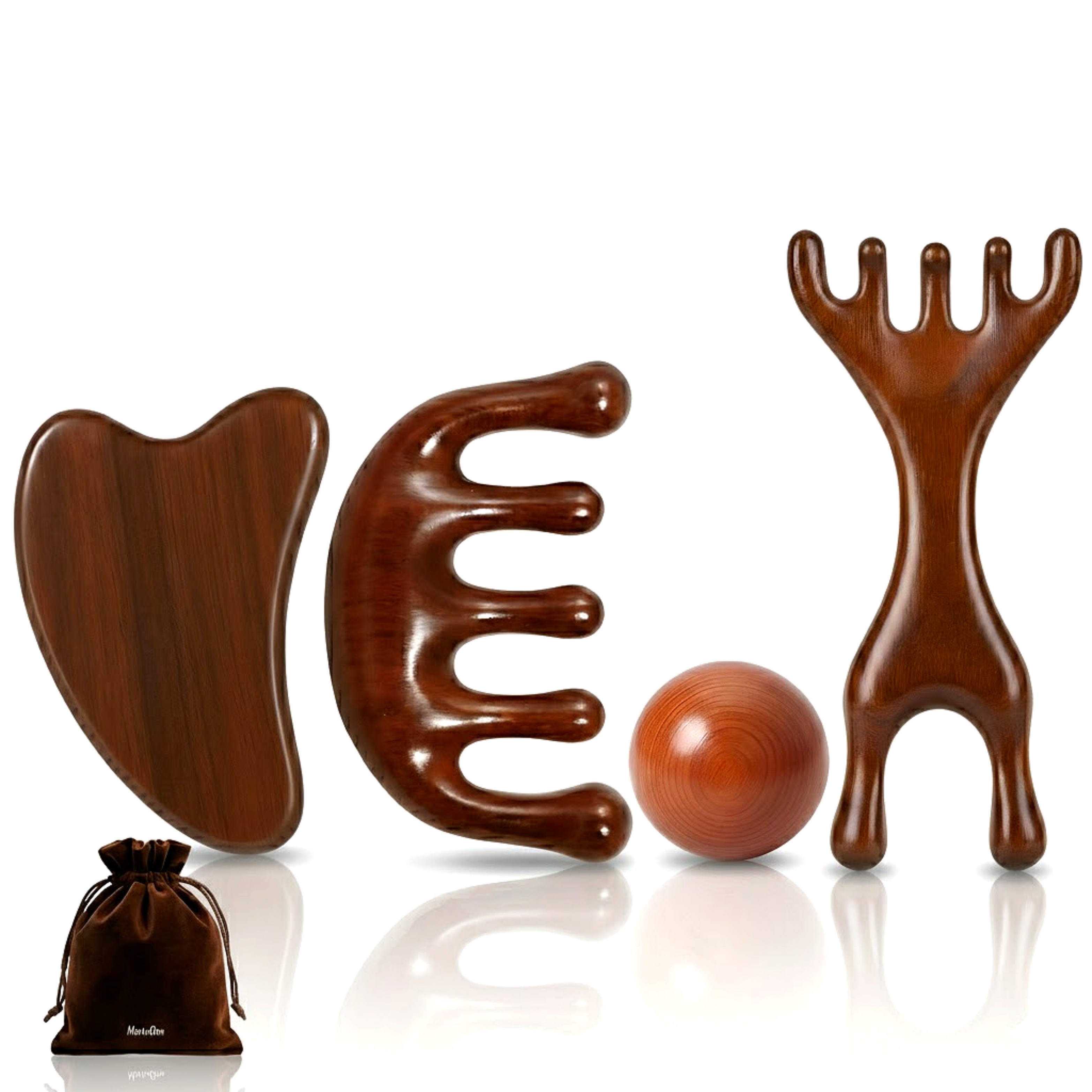 천연목 나린그루 나무 괄사 얼굴 두피 바디 마사지기 4종세트, 브라운 원목, 1세트 26,900원