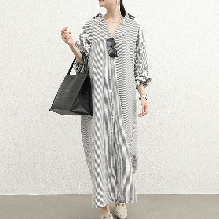 퀸앤조이 미녀77 내추럴 코튼 스트라이프 셔츠 롱원피스 46,800원