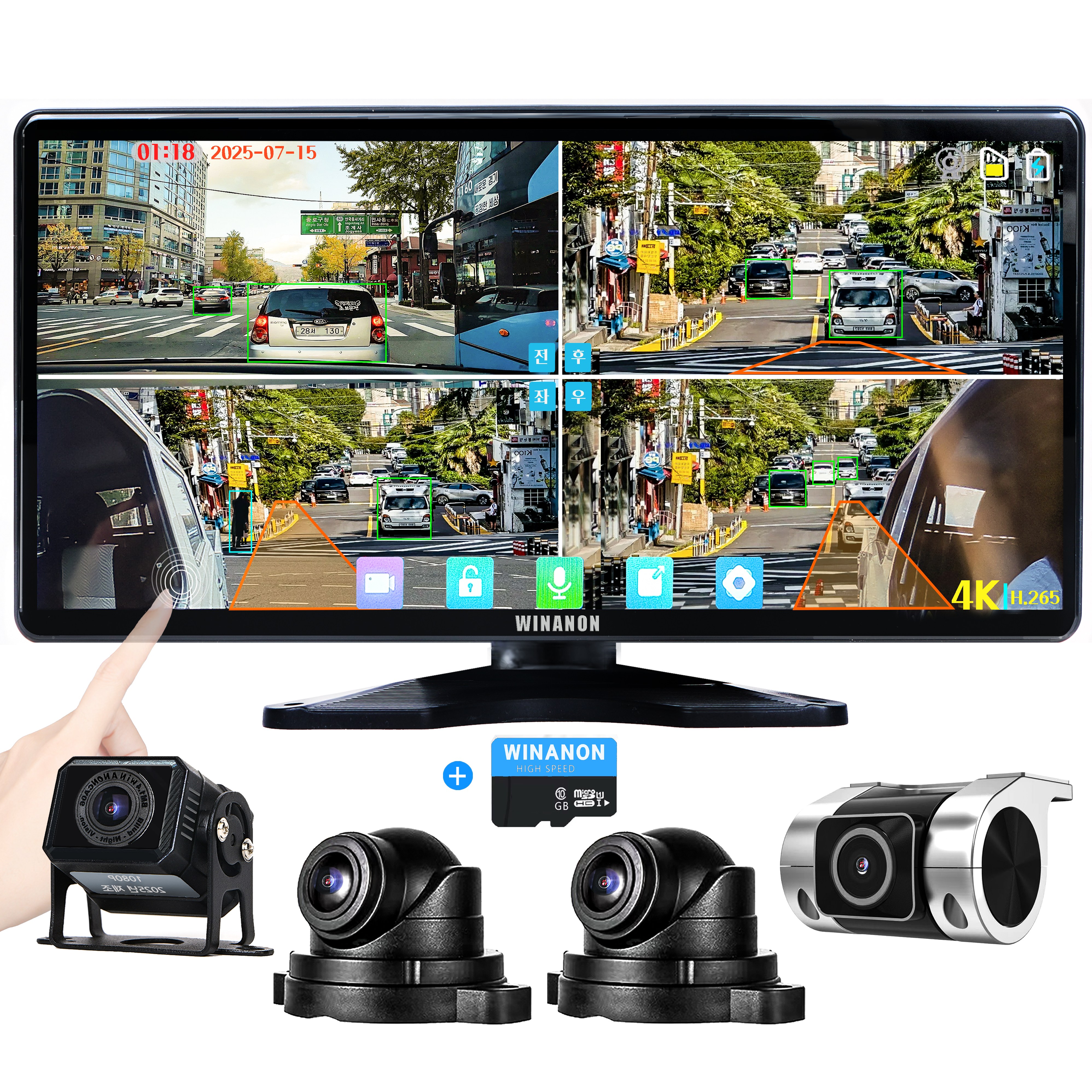 WINANON 10.36인치 4채널 터치 화물차 블랙박스  AI 사람감지  시스템  800만화소 고화질  1080P 트럭 차량 풀세트+128G 208,650원