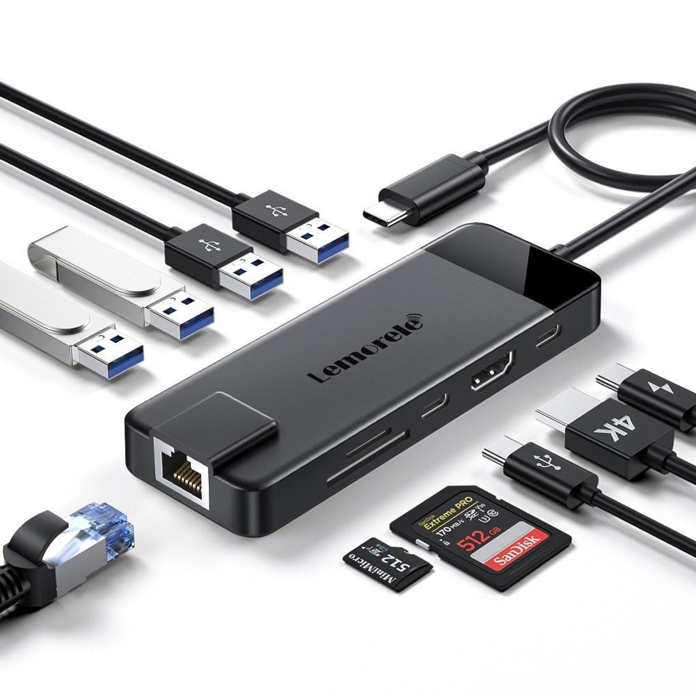 Lemorele 10 in-1 USB C 허브 유형 C 도킹 스테이션 RJ45 PD 100W 어댑터 USB 3.0 허브, 검정, 10개 29,650원