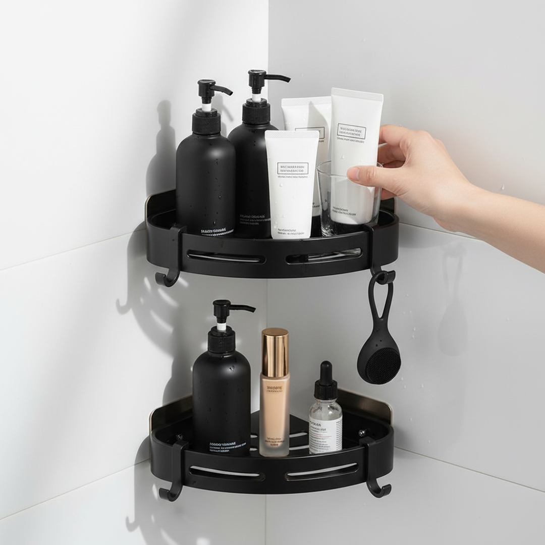 한평한뼘 무타공 코너형 욕실 선반, 2개, 블랙, 현재가 39,800원