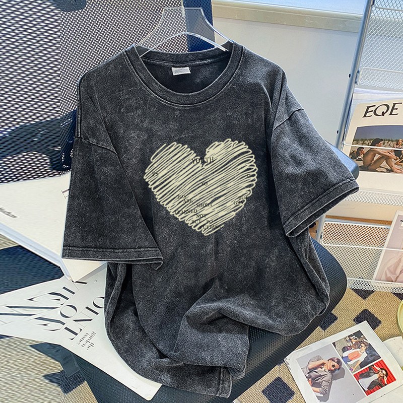 더벨러리 여성 하트 피그먼트 워싱 반팔 티셔츠 BCT5171 루즈핏 빈티지 프린팅 레터링 22,900원